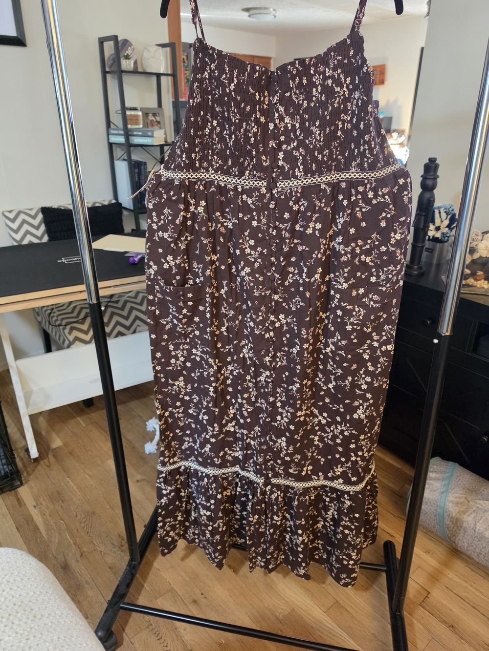 Smocked Brown Floral Maxi Dress with Lace Trim